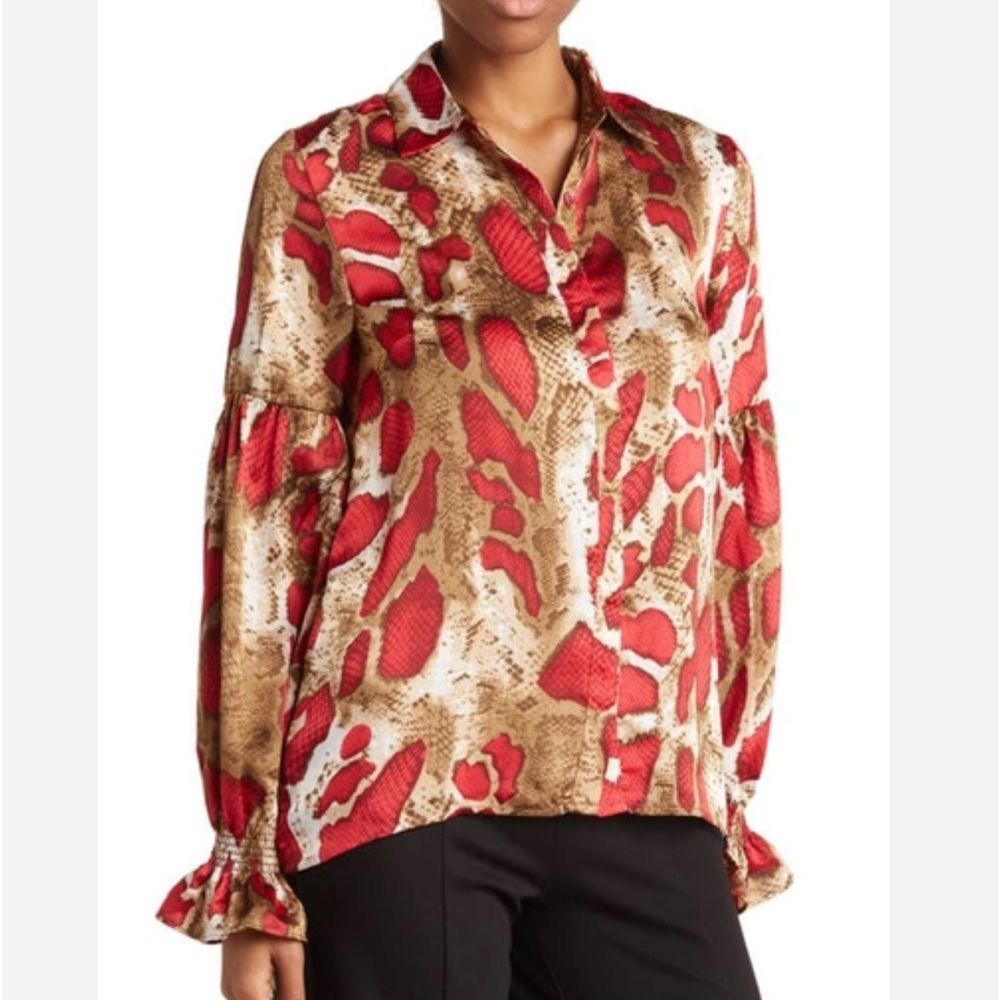 PATRIZIA LUCA Snake Print Long Sleeve Blouse In Red Sz XS